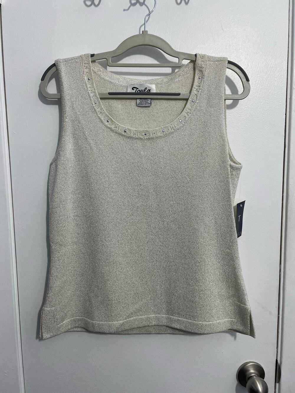 Toula Knit Tank Top Size 8 Silver Beaded Embroidered Wool Blend Preppy NWT